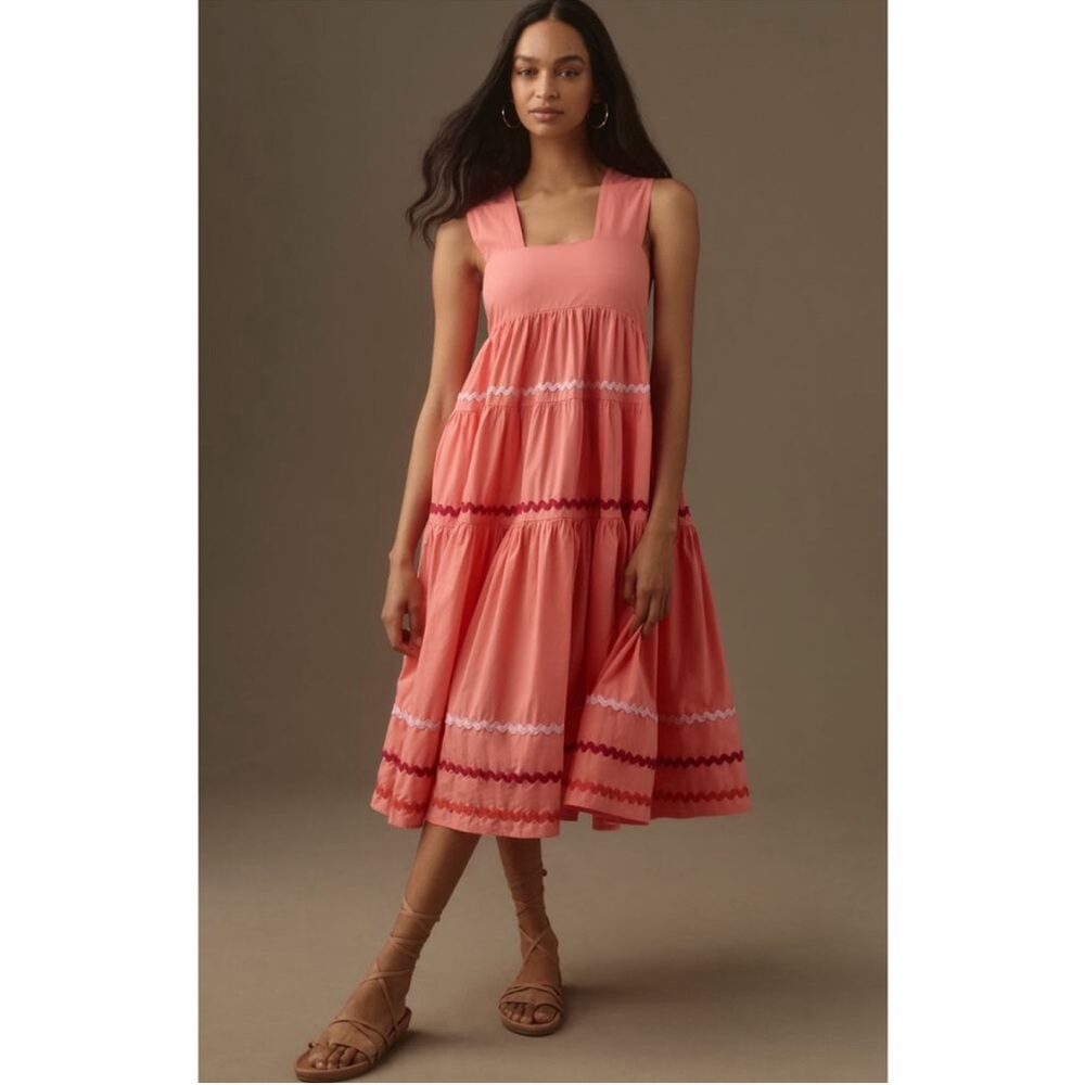 Anthropologie Helena Square-Neck Tiered Midi Dress Size Small